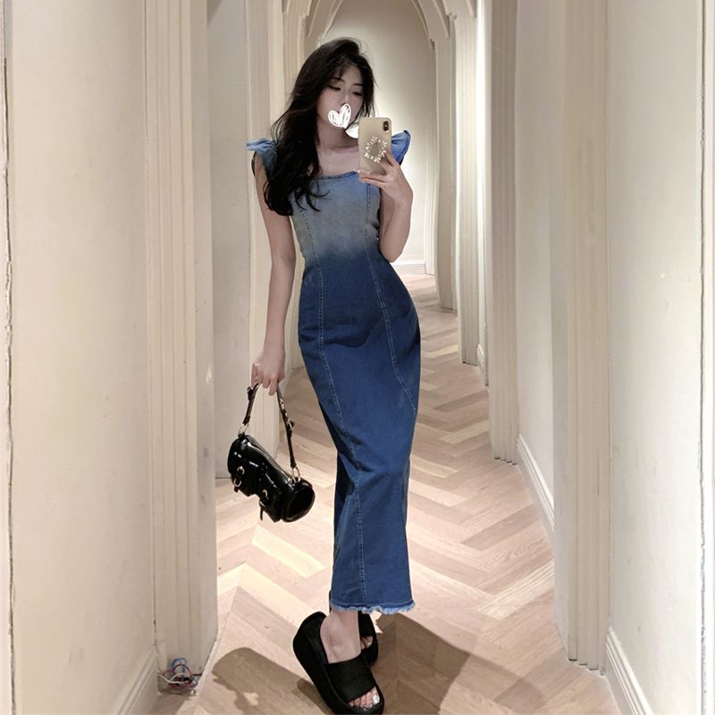 French temperament small flying sleeve gradient denim dress  women's new design sense Hong Kong style retro chic skirt