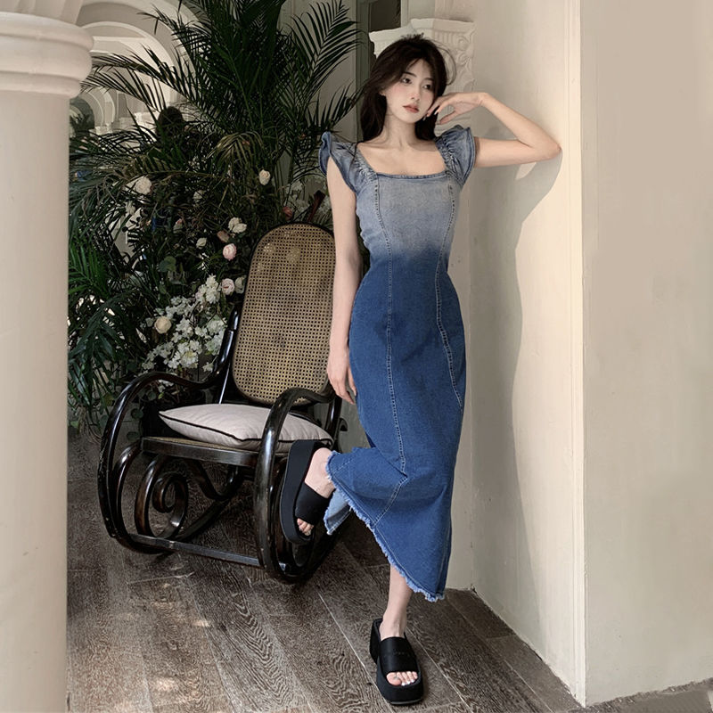 French temperament small flying sleeve gradient denim dress  women's new design sense Hong Kong style retro chic skirt