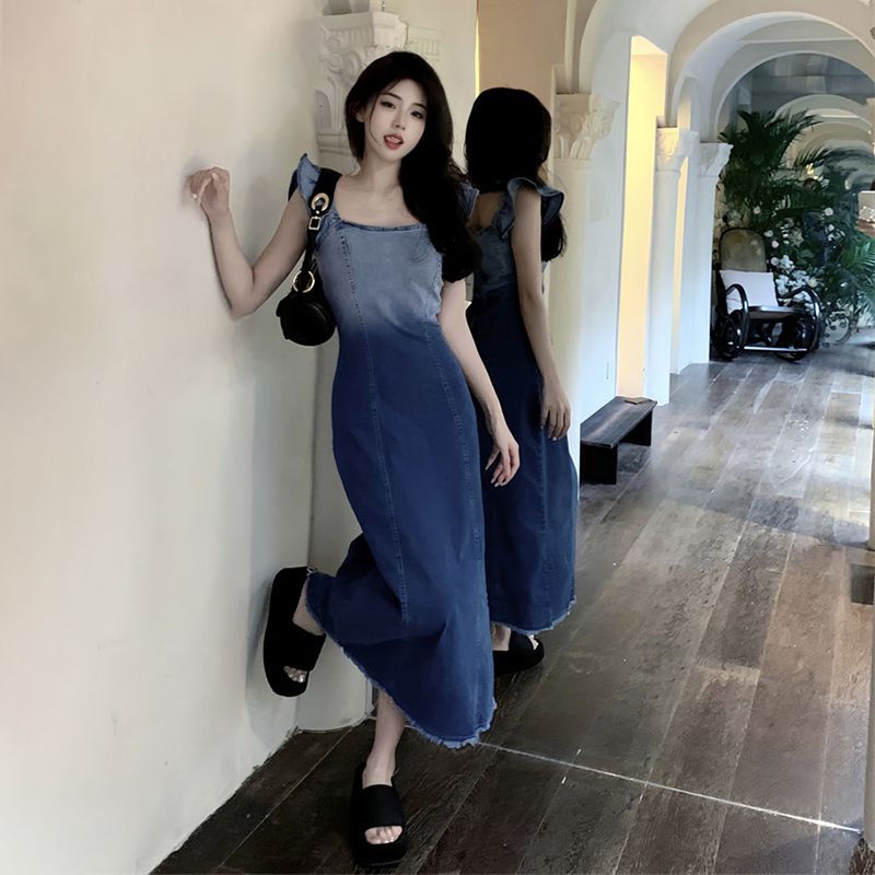 French temperament small flying sleeve gradient denim dress  women's new design sense Hong Kong style retro chic skirt