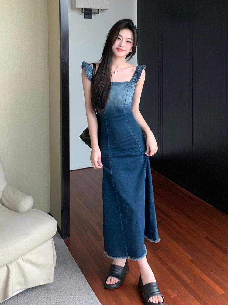  new gradient denim suspender dress female small waist slimming flying sleeves a-line suspender skirt female