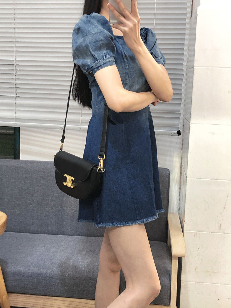 Puff sleeve dress female  spring and summer new niche high waist slimming design denim skirt