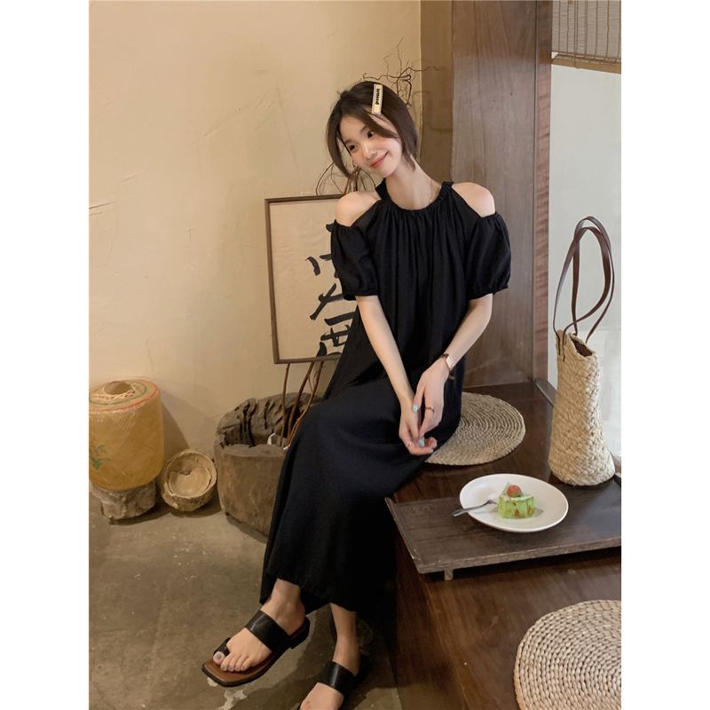 Puff sleeve strapless temperament chiffon dress women's summer 2023 new retro mid-length slim short-sleeved skirt
