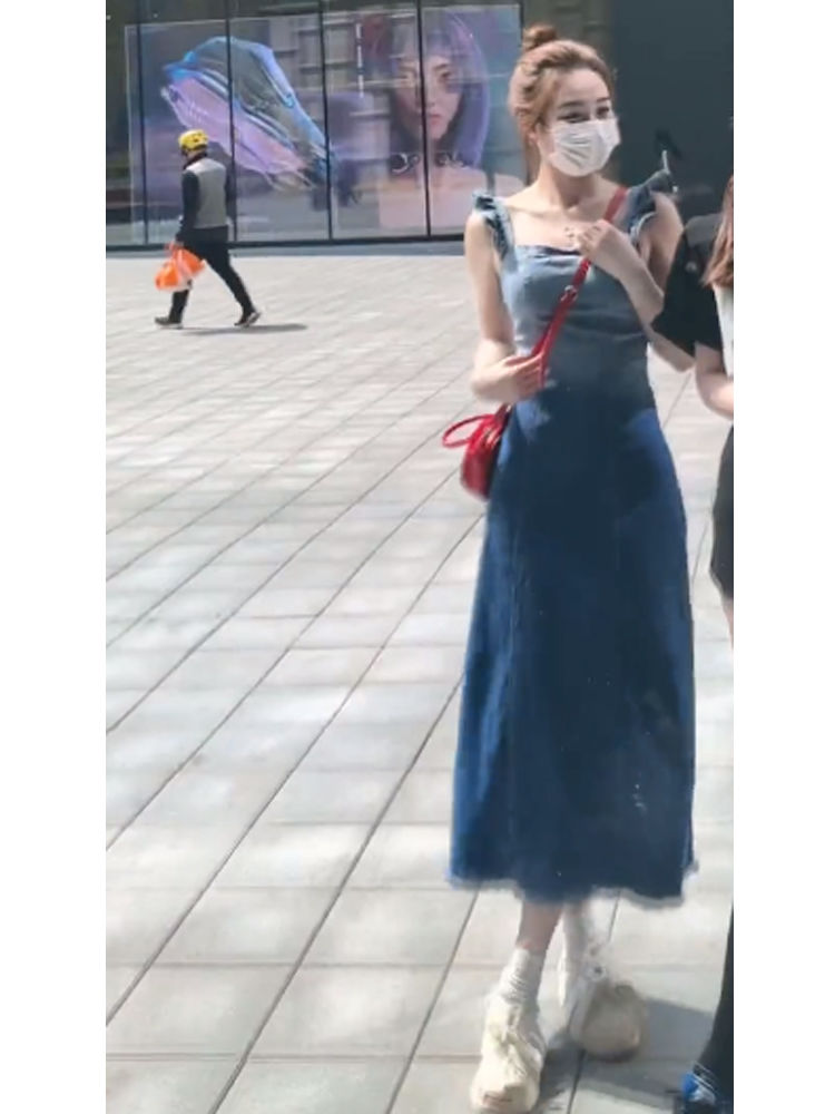 French small flying sleeve denim gradient suspender dress female summer small waist slimming temperament high-end long skirt