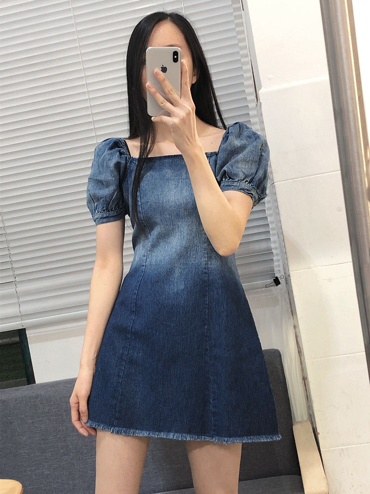 Puff sleeve dress female  spring and summer new niche high waist slimming design denim skirt