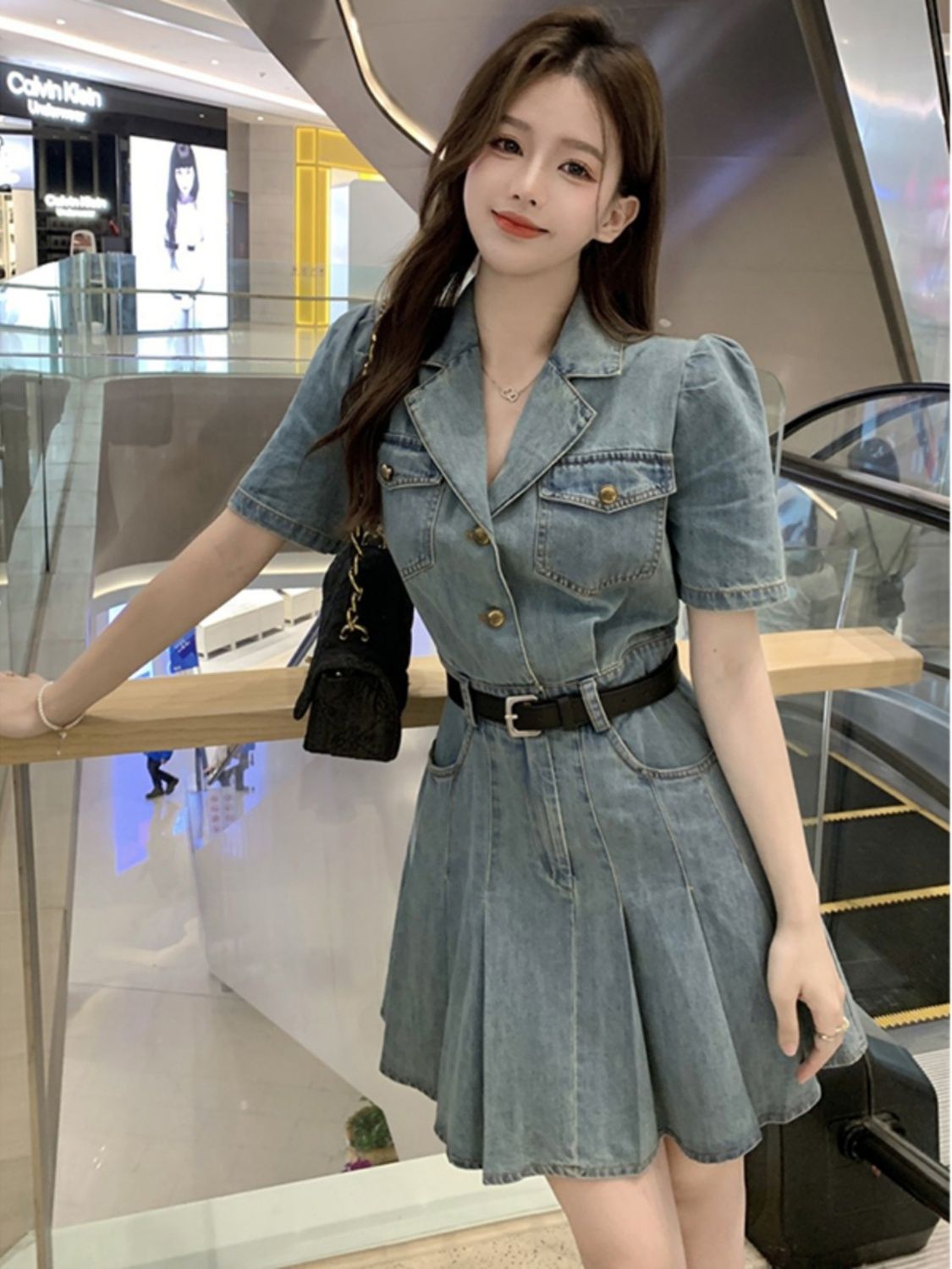 Suit collar denim pleated dress women's summer French style small fragrance waist slimming short-sleeved skirt + belt ins