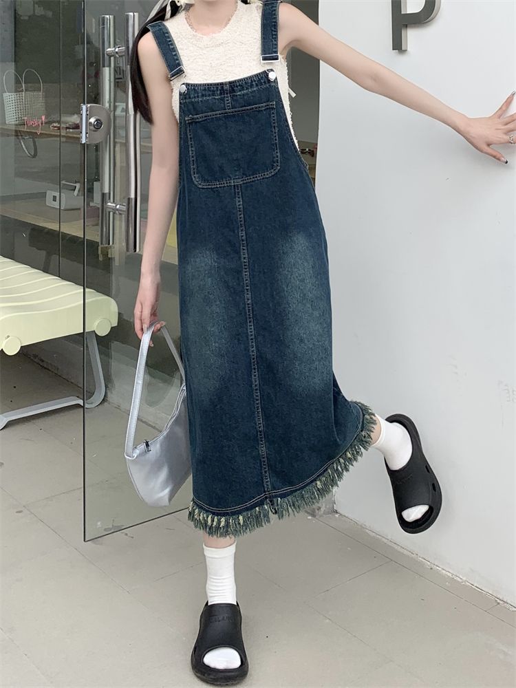 New retro summer denim suspender skirt female loose slim slim tassel a-line suspenders casual dress