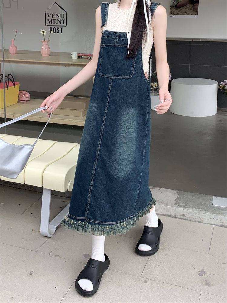 New retro summer denim suspender skirt female loose slim slim tassel a-line suspenders casual dress