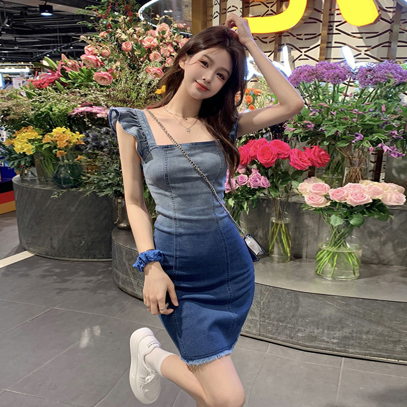 Gradient color square collar small flying sleeves short denim dress women's design sense niche raw edge slimming hip skirt summer