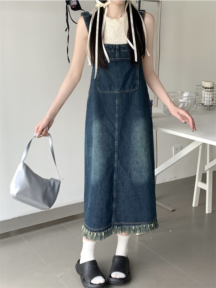 New retro summer denim suspender skirt female loose slim slim tassel a-line suspenders casual dress