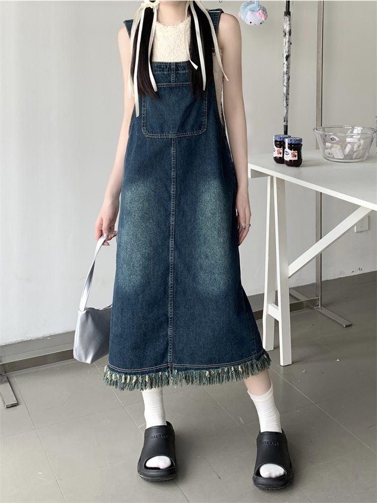 New retro summer denim suspender skirt female loose slim slim tassel a-line suspenders casual dress