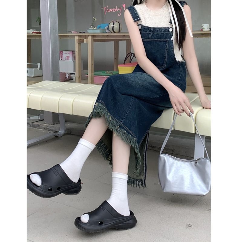 New retro summer denim suspender skirt female loose slim slim tassel a-line suspenders casual dress