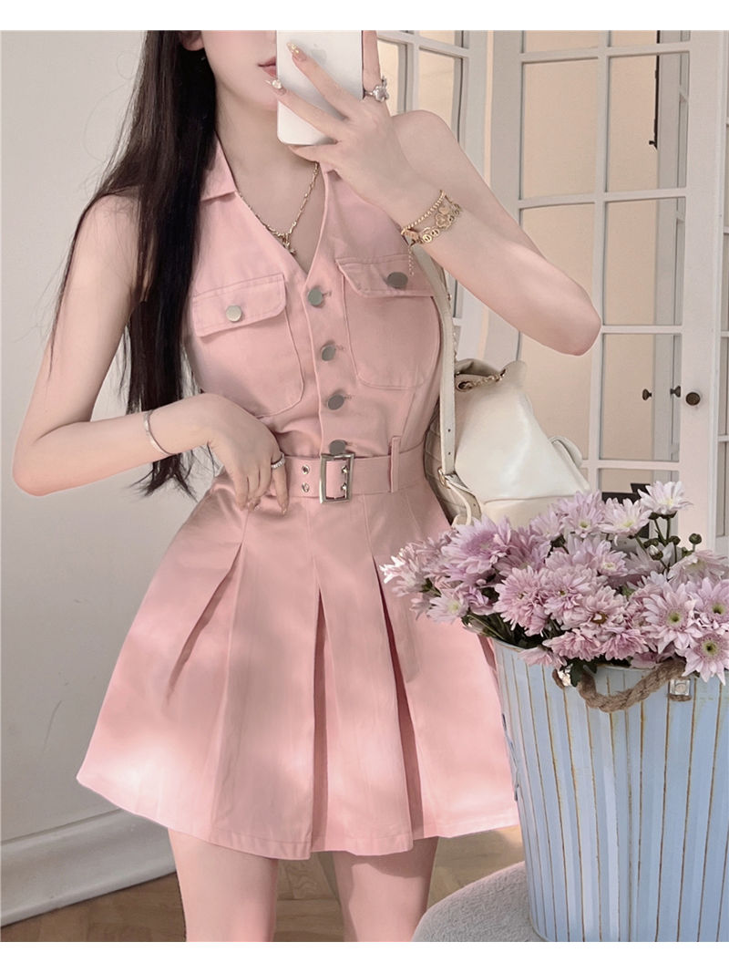 Pink halter neck denim shirt dress women's spring  new short skirt sleeveless pleated skirt waist skirt