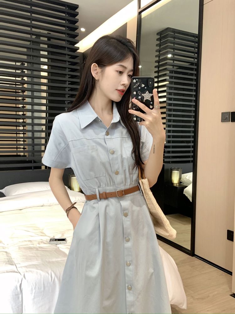 Gentle wind long skirt summer  new small polo collar waist slimming denim dress women's clothing