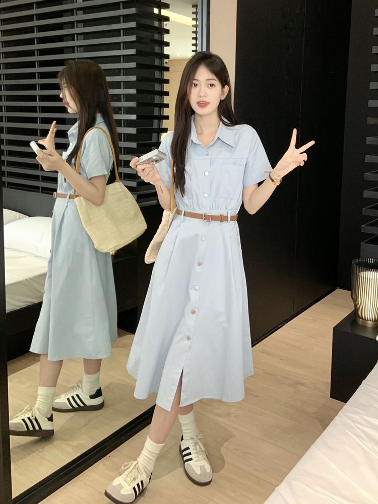 Gentle wind long skirt summer  new small polo collar waist slimming denim dress women's clothing