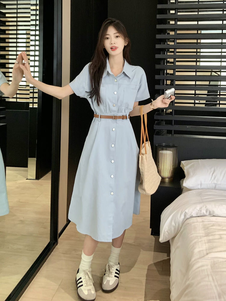 Gentle wind long skirt summer  new small polo collar waist slimming denim dress women's clothing