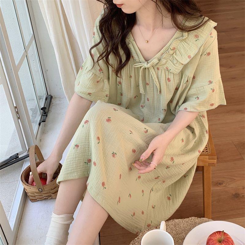 Japanese ins nightdress girl summer cotton gauze cute princess style short-sleeved pajamas can be worn outside thin section home service