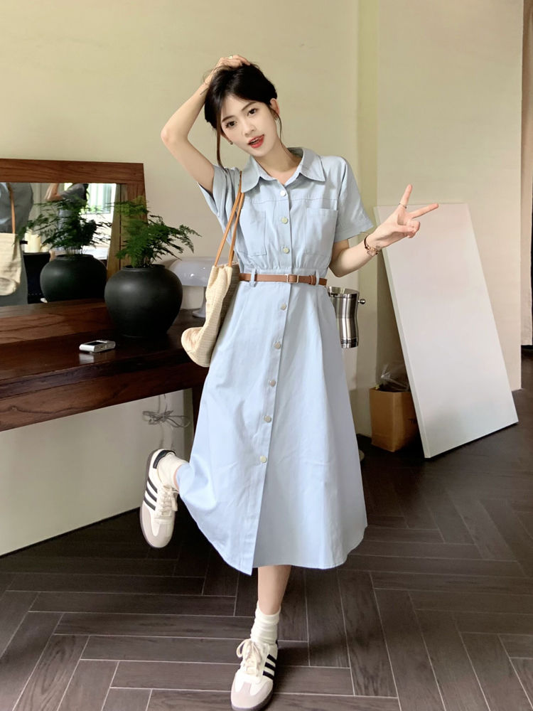 Gentle wind long skirt summer  new small polo collar waist slimming denim dress women's clothing