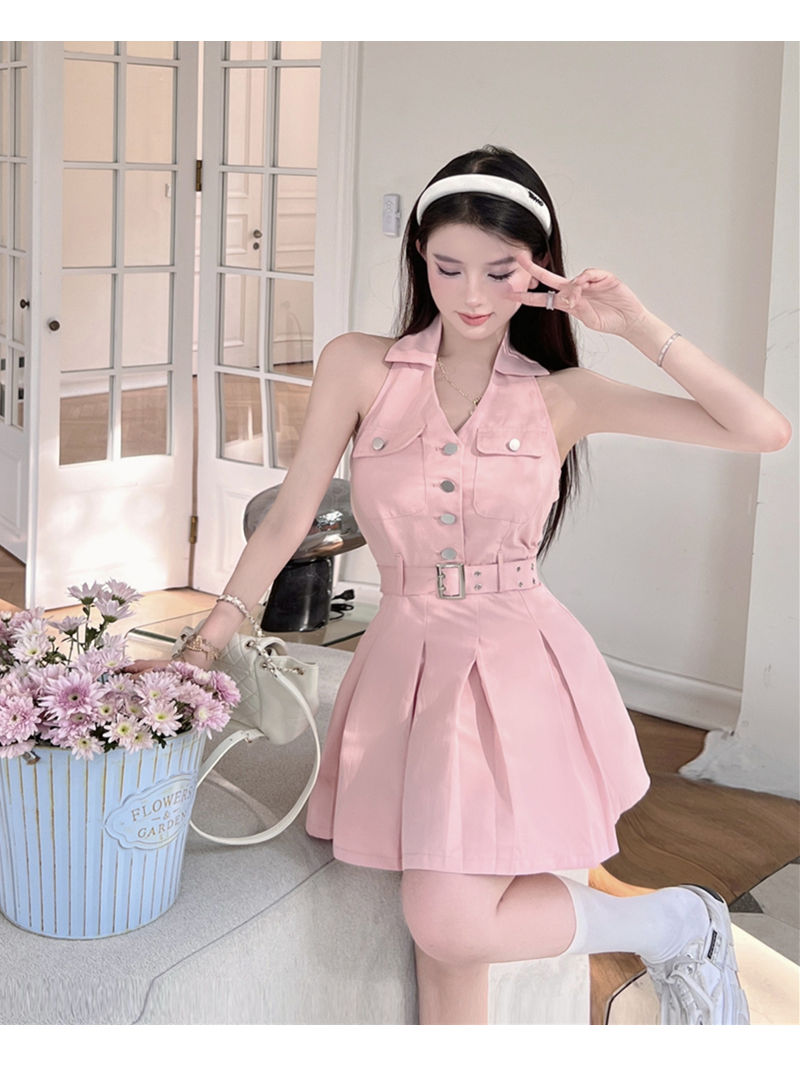 Pink halter neck denim shirt dress women's spring  new short skirt sleeveless pleated skirt waist skirt