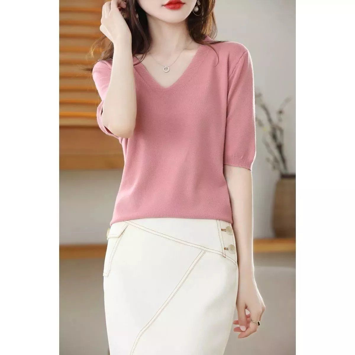 春秋V领套头毛衣女针织短袖t恤新款五分袖针宽松半袖百搭遮肉上衣