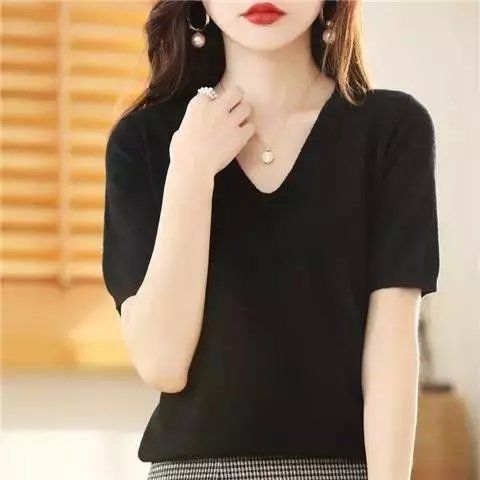 春秋V领套头毛衣女针织短袖t恤新款五分袖针宽松半袖百搭遮肉上衣