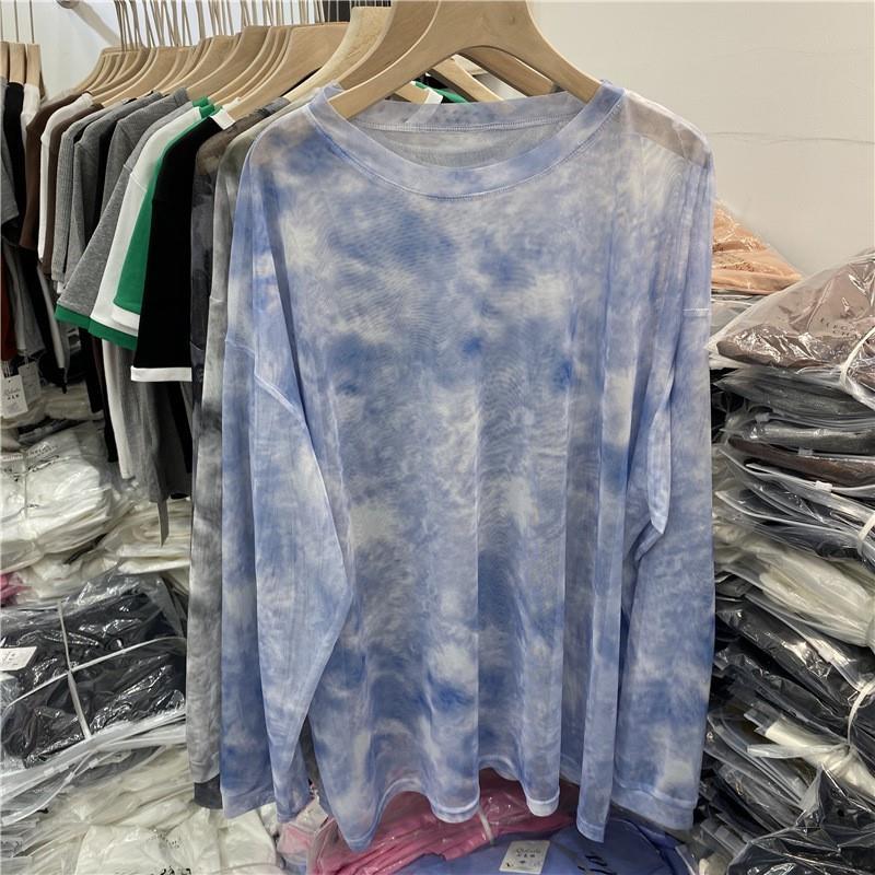 European thin ink painting mesh long-sleeved T-shirt air conditioning blouse top for women 2023 summer new loose sun protection clothing
