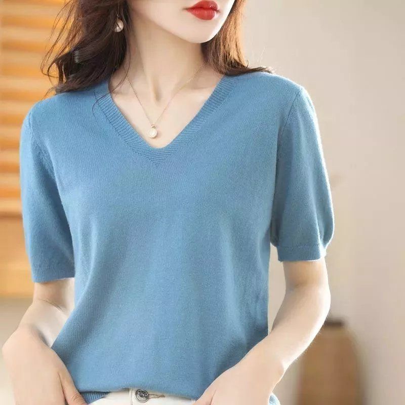 春秋V领套头毛衣女针织短袖t恤新款五分袖针宽松半袖百搭遮肉上衣