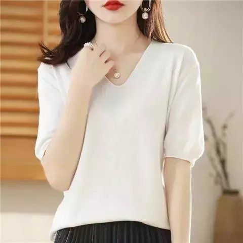 春秋V领套头毛衣女针织短袖t恤新款五分袖针宽松半袖百搭遮肉上衣