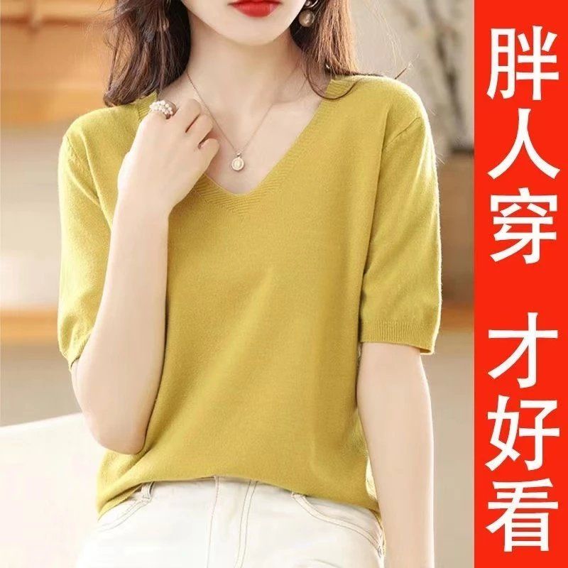 春秋V领套头毛衣女针织短袖t恤新款五分袖针宽松半袖百搭遮肉上衣