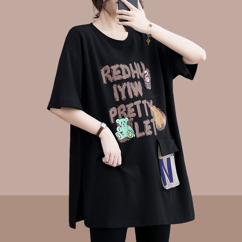 2023 summer new slit pocket printing Korean casual fashion with loose slit t-shirt female alphabet round neck