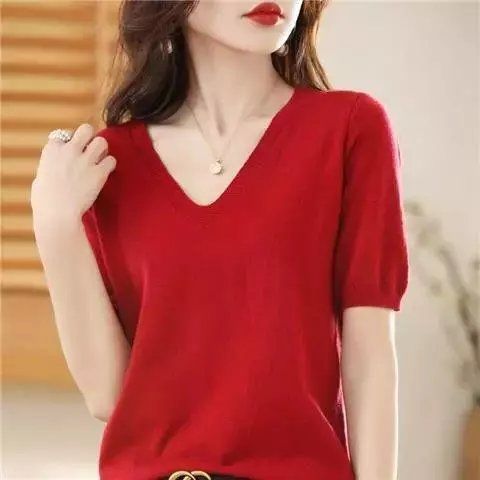 春秋V领套头毛衣女针织短袖t恤新款五分袖针宽松半袖百搭遮肉上衣