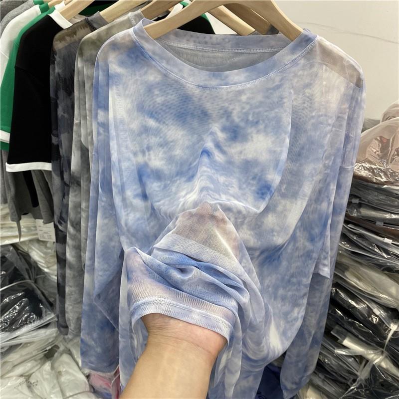 European thin ink painting mesh long-sleeved T-shirt air conditioning blouse top for women 2023 summer new loose sun protection clothing