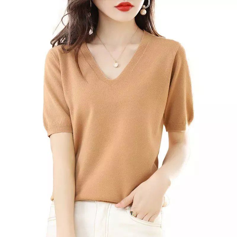 春秋V领套头毛衣女针织短袖t恤新款五分袖针宽松半袖百搭遮肉上衣