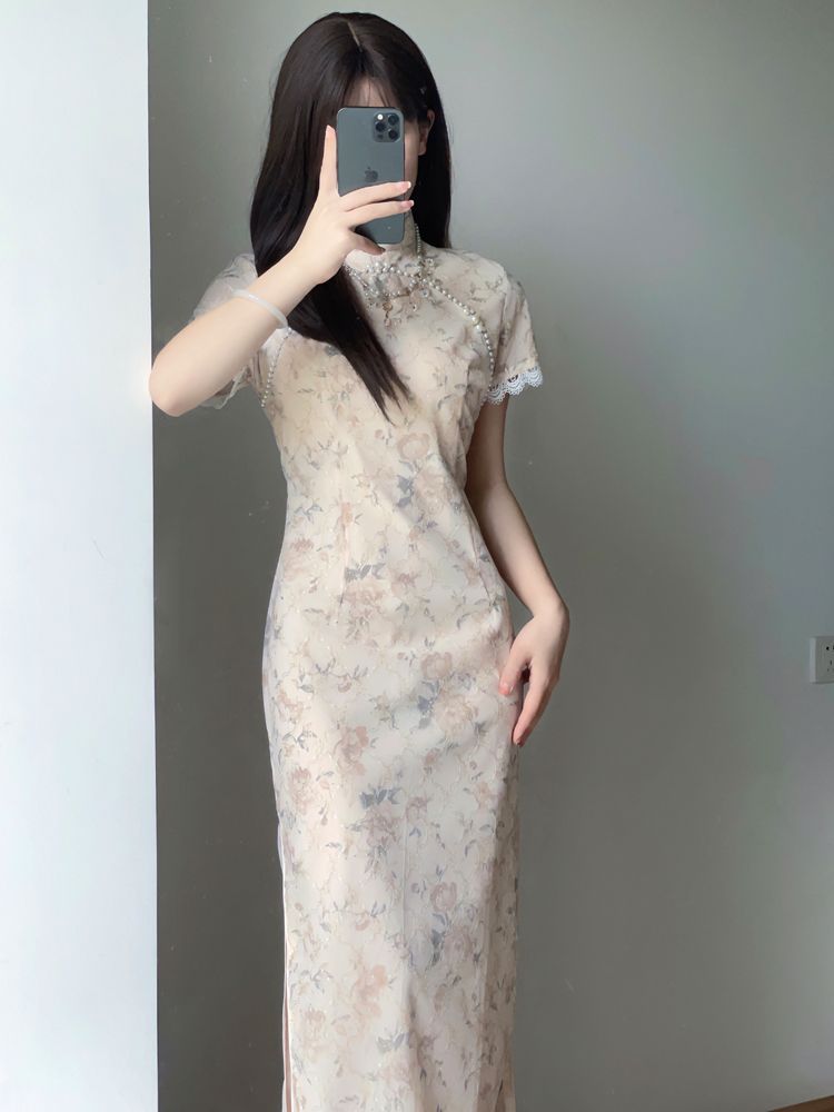 改良旗袍2023夏季新款法式年輕少女款復古高級碎花超仙立領連衣裙