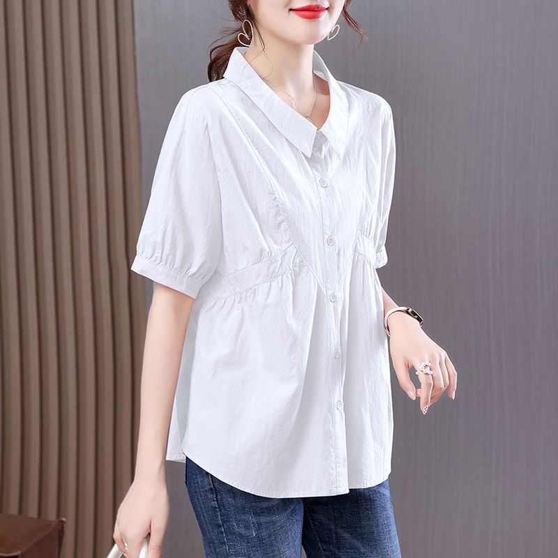 Pure cotton  summer large size women's clothing new women's short-sleeved shirt chiffon belly cover top niche foreign style temperament