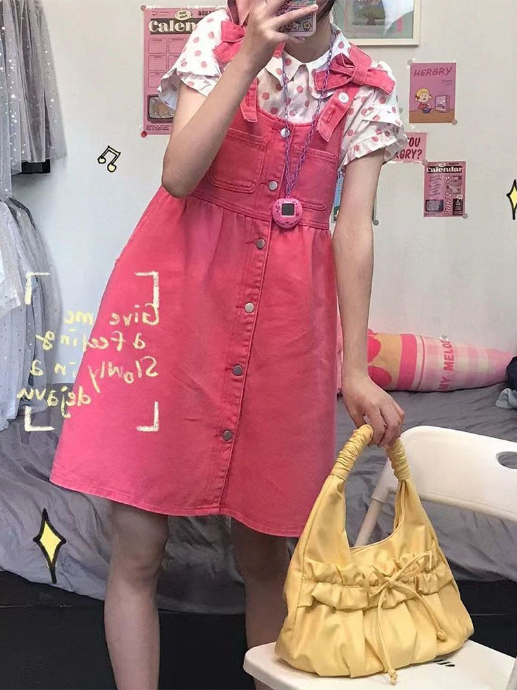 Pink strap small dress  summer new short-sleeved polka-dot shirt cute denim strap skirt tide