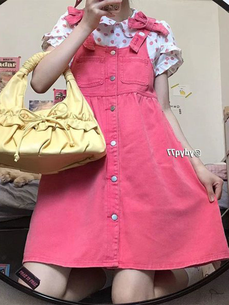 Pink strap small dress  summer new short-sleeved polka-dot shirt cute denim strap skirt tide