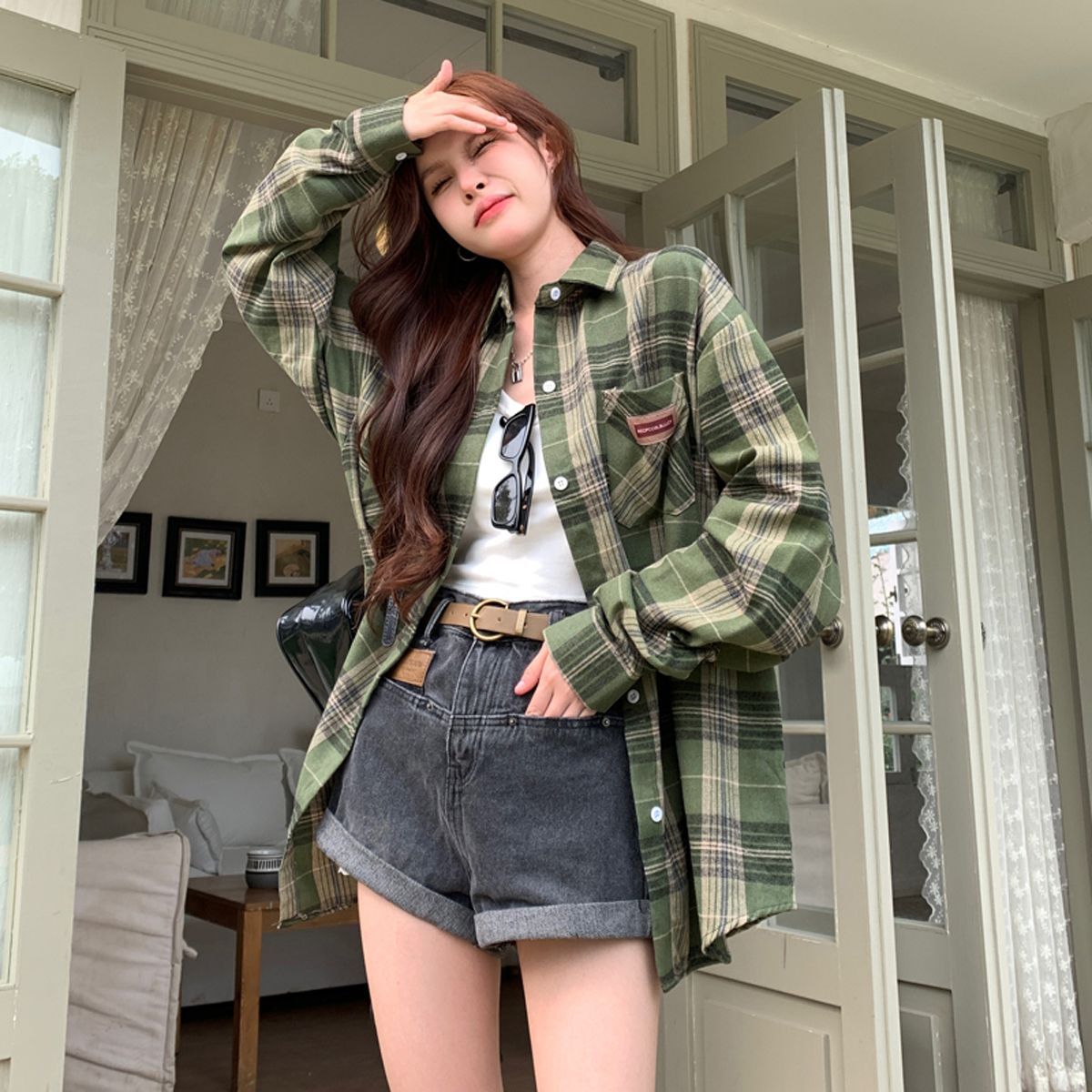 春夏2023新款ins洋氣休閒港風格紋襯衣男女日系百搭防曬長袖襯衫