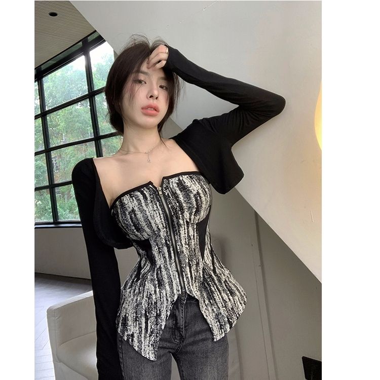 美式復古高級感小洋裝chic上衣甜辣黑色別致抹胸上衣+披肩套裝女