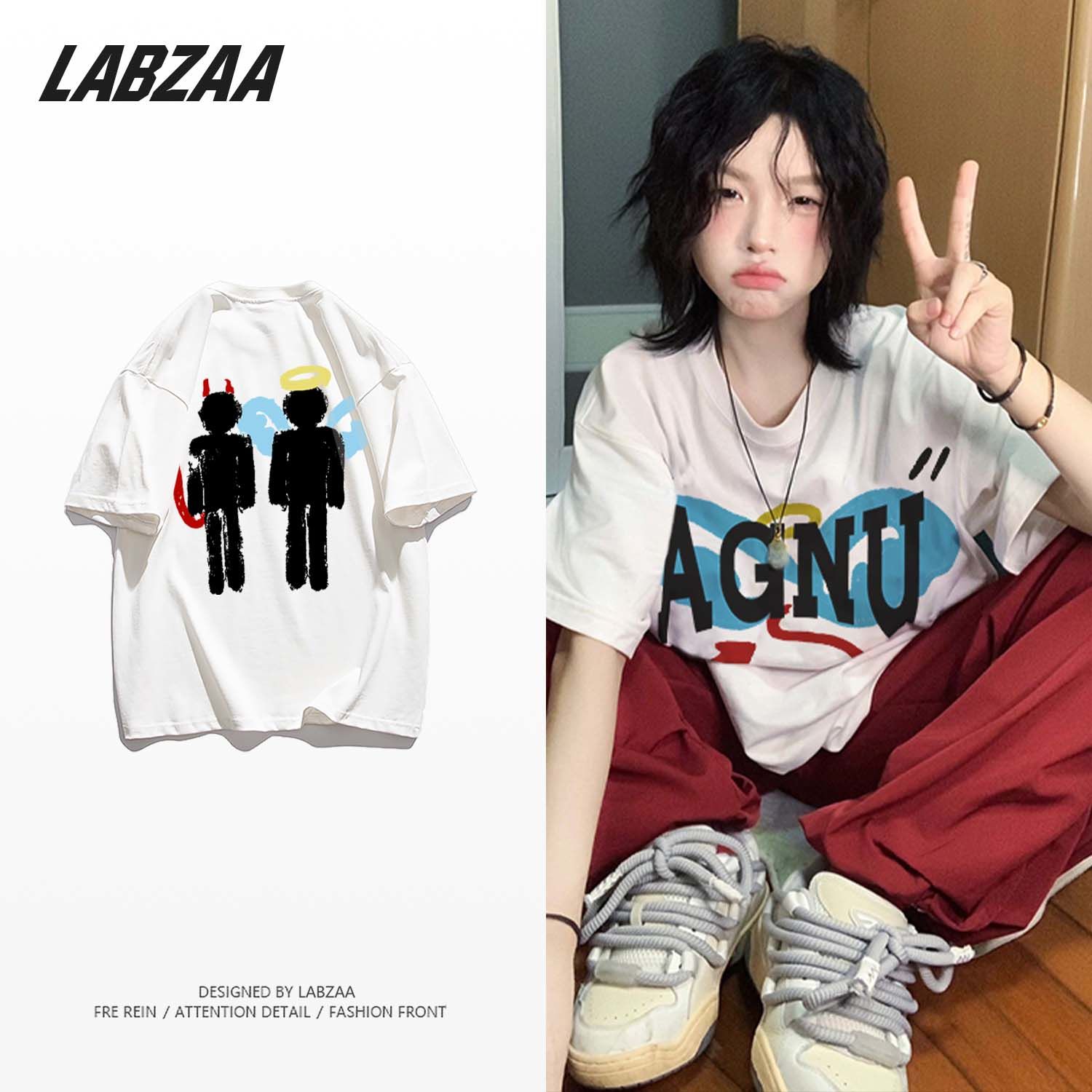 American vibe angel print cotton short-sleeved T-shirt women's summer loose oversize niche design top