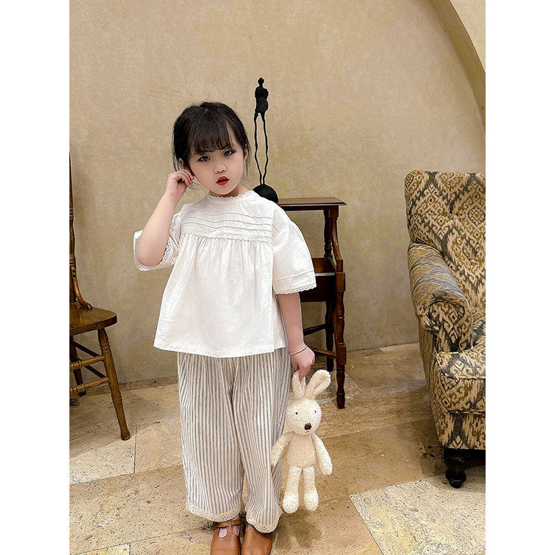 女童套裝2023夏季薄款短袖襯衫休閒褲幼兒園寶寶白色娃娃衫兩件套