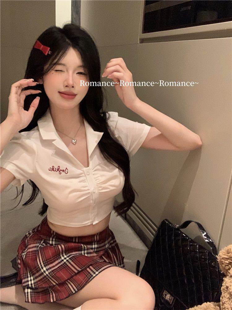 辣妹套裝短學院風性感袖襯衫上衣女夏季短裙復古格子半身裙兩件套