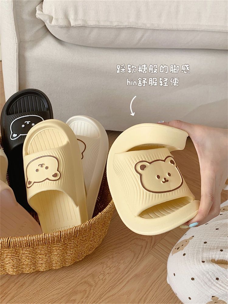 Thin Strips Men's and Women's Summer Stepping on Shit Feeling Non-slip One-Word Slippers Couples Cute Soft Cute Bear EVA Thick-soled Sandals and Slippers