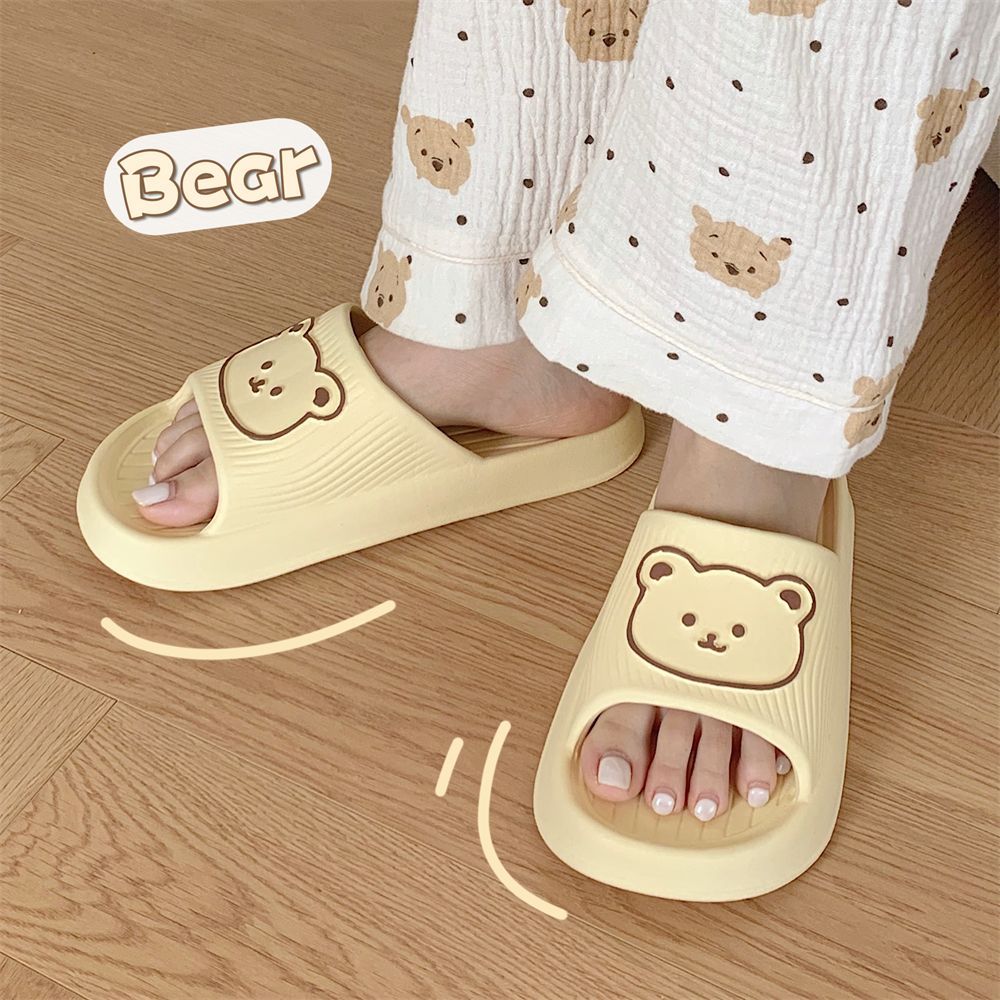 Thin Strips Men's and Women's Summer Stepping on Shit Feeling Non-slip One-Word Slippers Couples Cute Soft Cute Bear EVA Thick-soled Sandals and Slippers