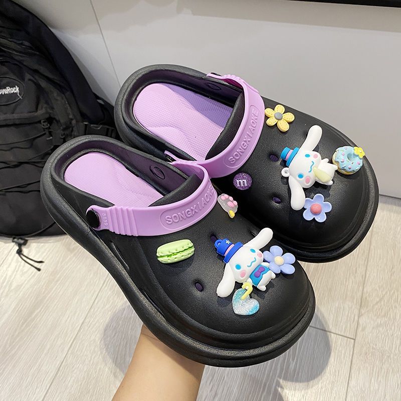 Cute hole shoes female summer student outerwear girly heart net red non-slip thick bottom beach shit feeling Baotou semi-slippers
