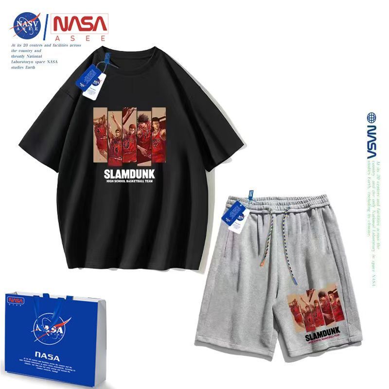 NASA official Japanese slam dunk summer loose sports pure cotton T-shirt five-quarter pants medium and large children's clothing suit trendy