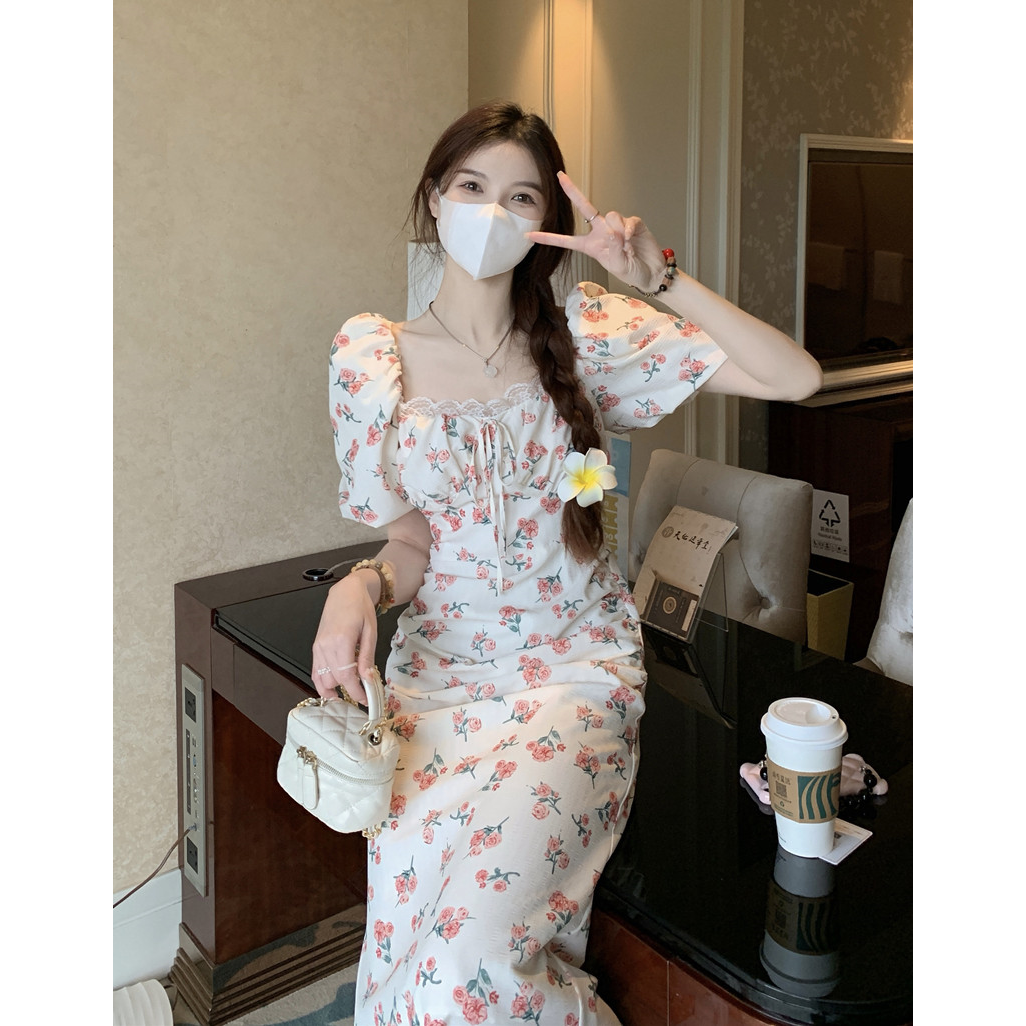 French floral dress women's summer  new design sense backless tie waist slimming short-sleeved tea break skirt