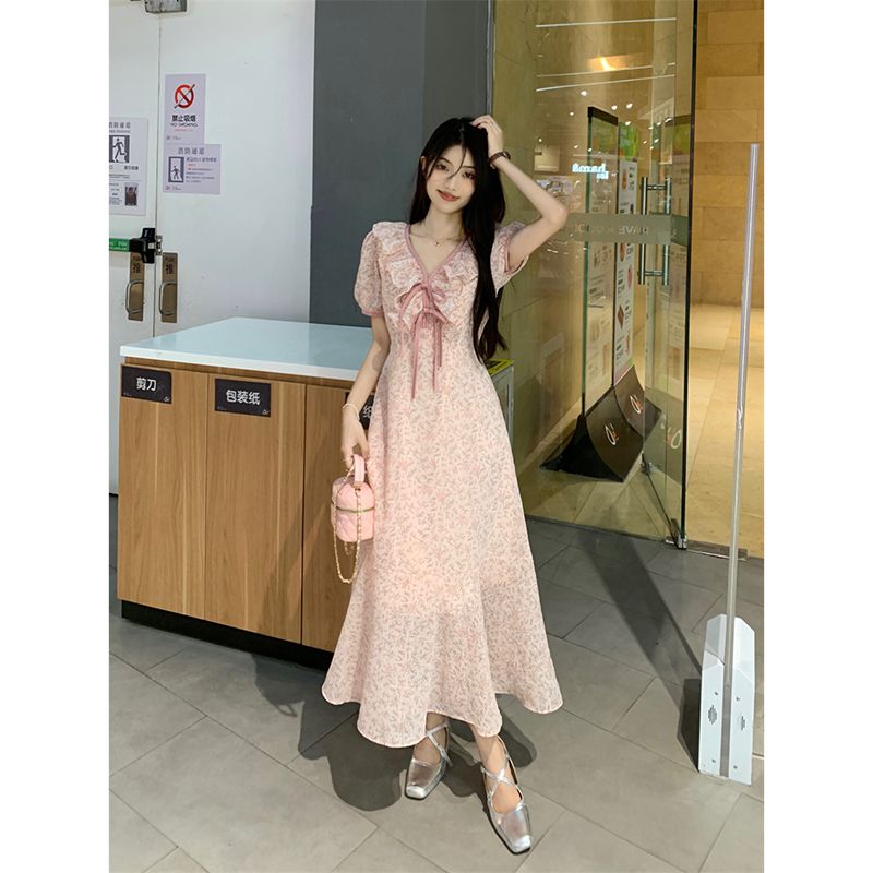 Ruffled V-neck Floral Dress Women's Summer  New Gentle Wind Slim Waist Slim Mid-length Skirt