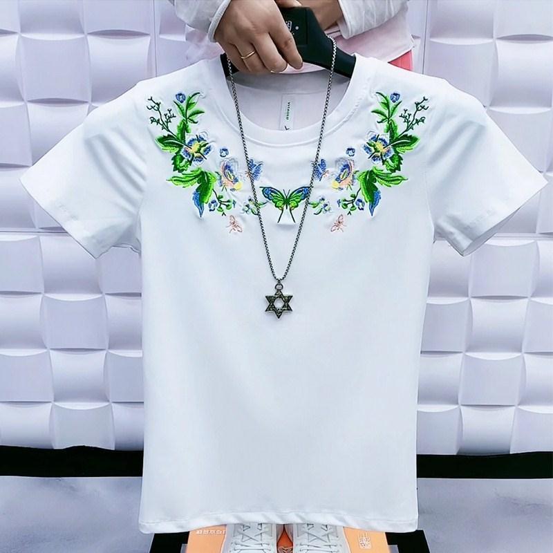 重工刺繡潮牌短袖男t恤新款個性社會小伙半截袖夏季潮流時尚體恤