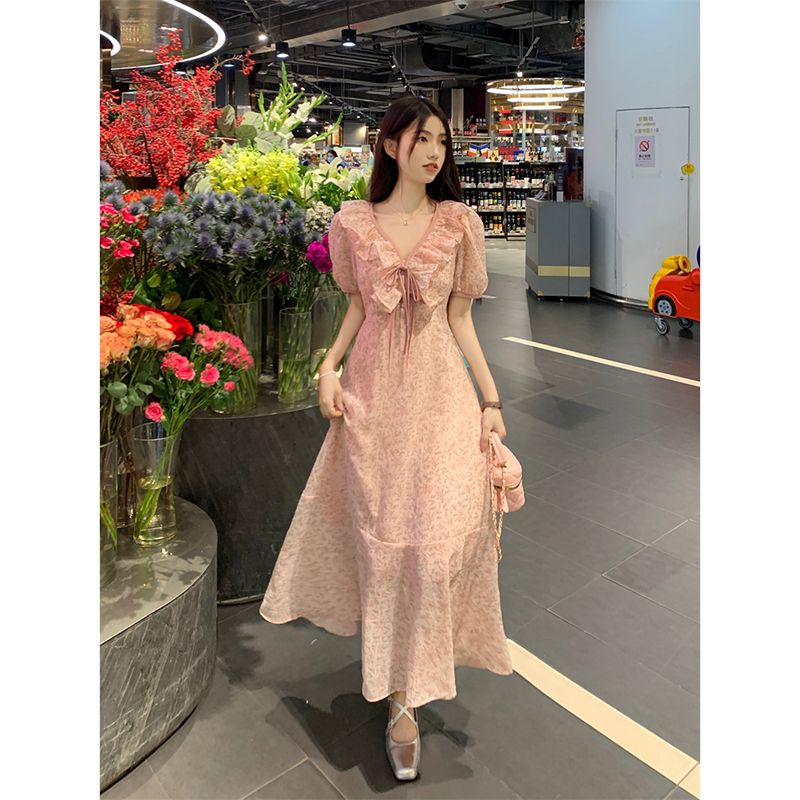 Ruffled V-neck Floral Dress Women's Summer  New Gentle Wind Slim Waist Slim Mid-length Skirt