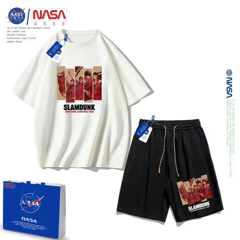 NASA official Japanese slam dunk summer loose sports pure cotton T-shirt five-quarter pants medium and large children's clothing suit trendy